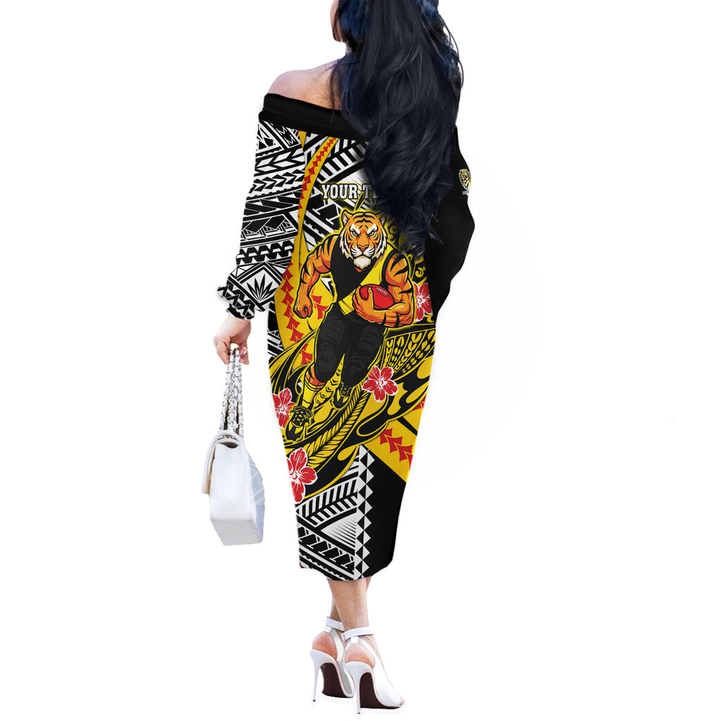Personalized Richmond Tigers Off The Shoulder Long Sleeve Dress Polynesian Tribal Tiger Mascot With Hibiscus Floral Art