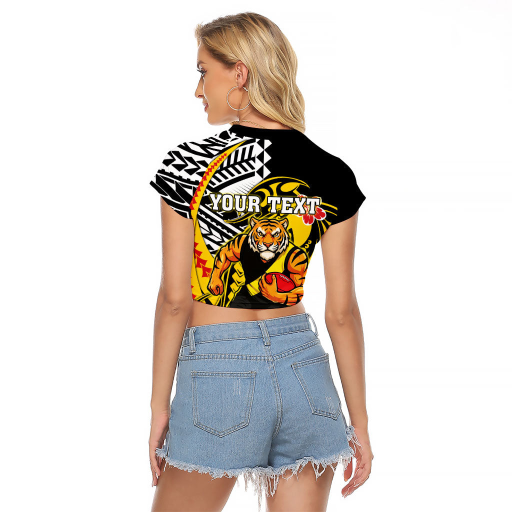 Personalized Richmond Tigers Raglan Cropped T Shirt Polynesian Tribal Tiger Mascot With Hibiscus Floral Art