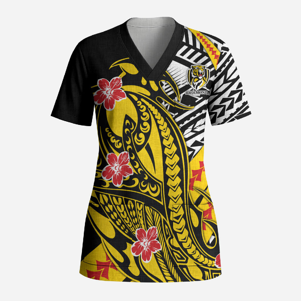 Personalized Richmond Tigers Scrub Top Polynesian Tribal Tiger Mascot With Hibiscus Floral Art