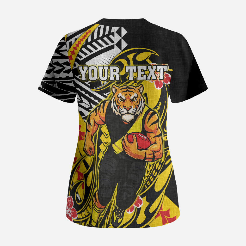 Personalized Richmond Tigers Scrub Top Polynesian Tribal Tiger Mascot With Hibiscus Floral Art