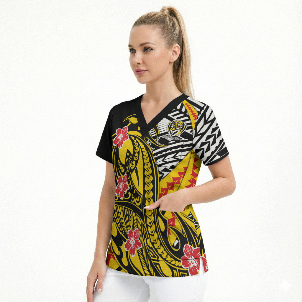 Personalized Richmond Tigers Scrub Top Polynesian Tribal Tiger Mascot With Hibiscus Floral Art