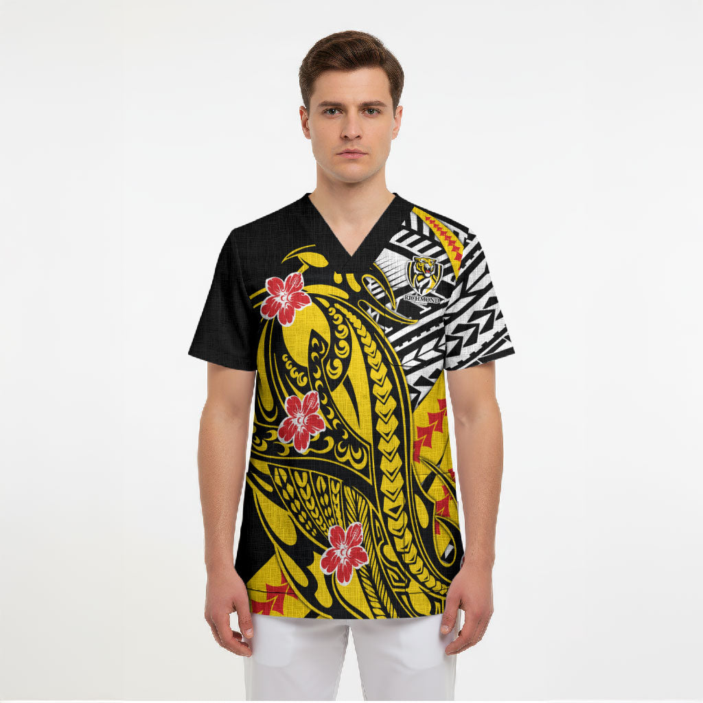 Personalized Richmond Tigers Scrub Top Polynesian Tribal Tiger Mascot With Hibiscus Floral Art