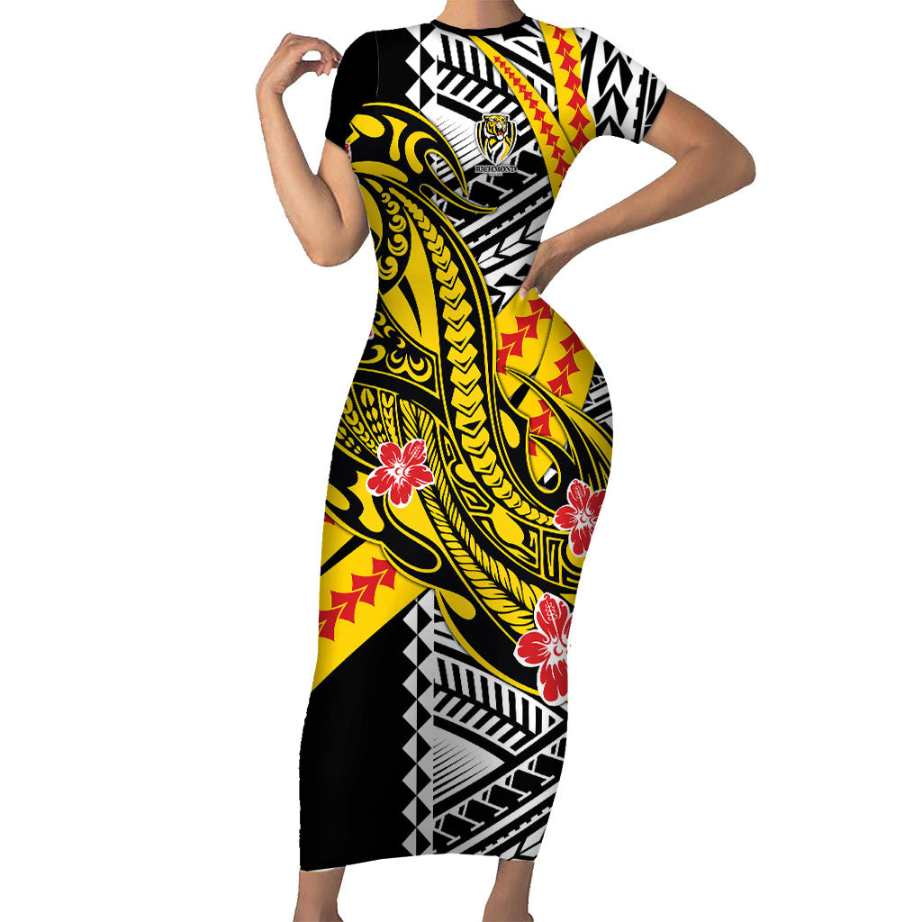 Personalized Richmond Tigers Short Sleeve Bodycon Dress Polynesian Tribal Tiger Mascot With Hibiscus Floral Art