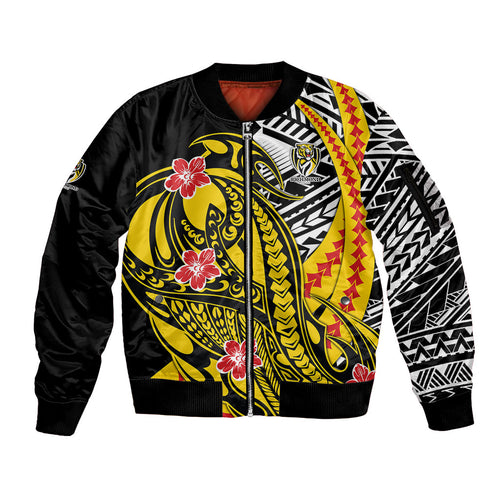 Personalized Richmond Tigers Sleeve Zip Bomber Jacket Polynesian Tribal Tiger Mascot With Hibiscus Floral Art