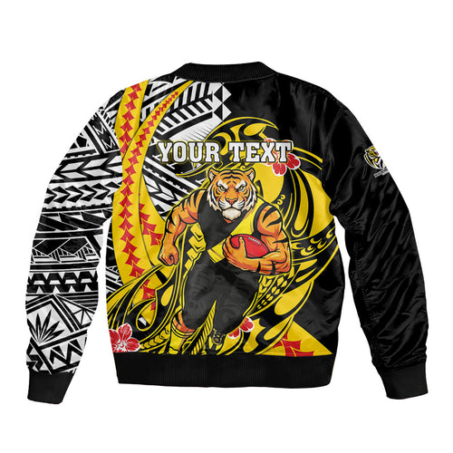 Personalized Richmond Tigers Sleeve Zip Bomber Jacket Polynesian Tribal Tiger Mascot With Hibiscus Floral Art
