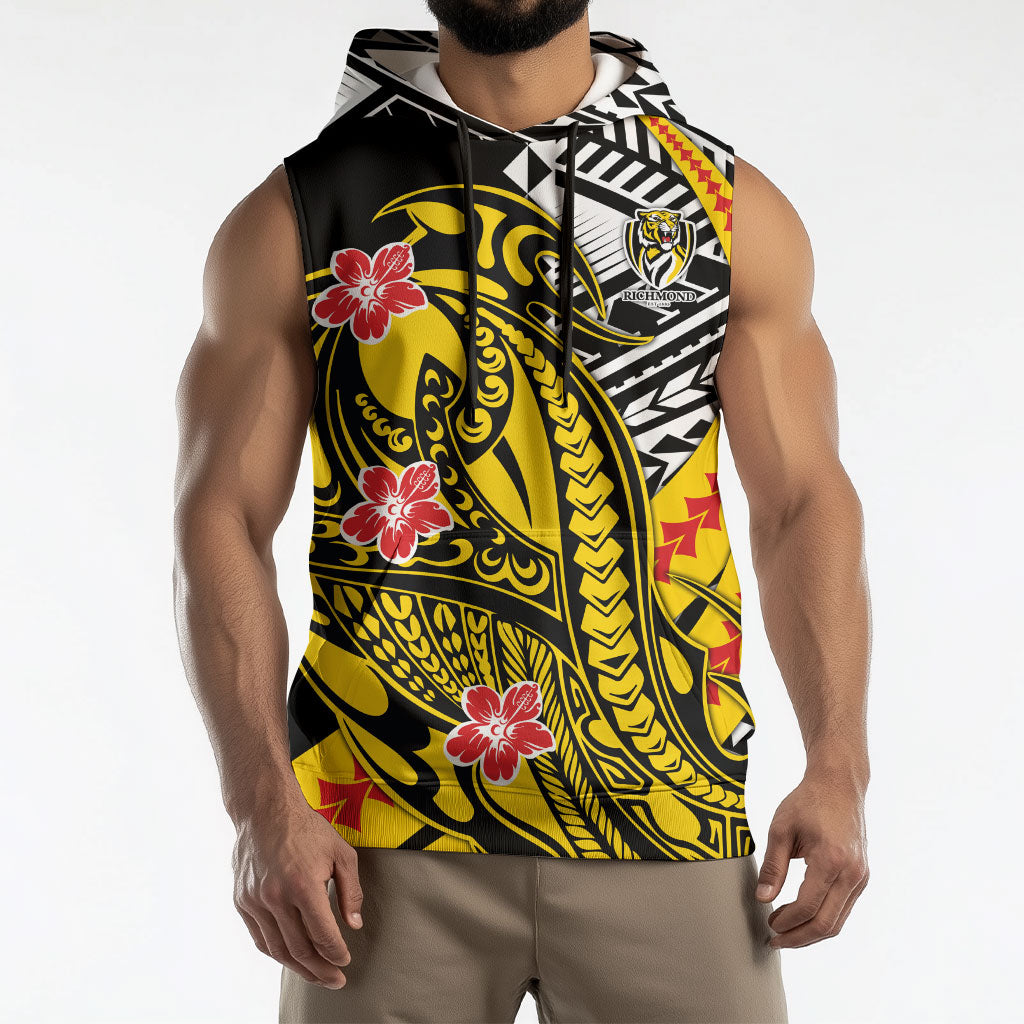 Personalized Richmond Tigers Sleeveless Hoodie Polynesian Tribal Tiger Mascot With Hibiscus Floral Art