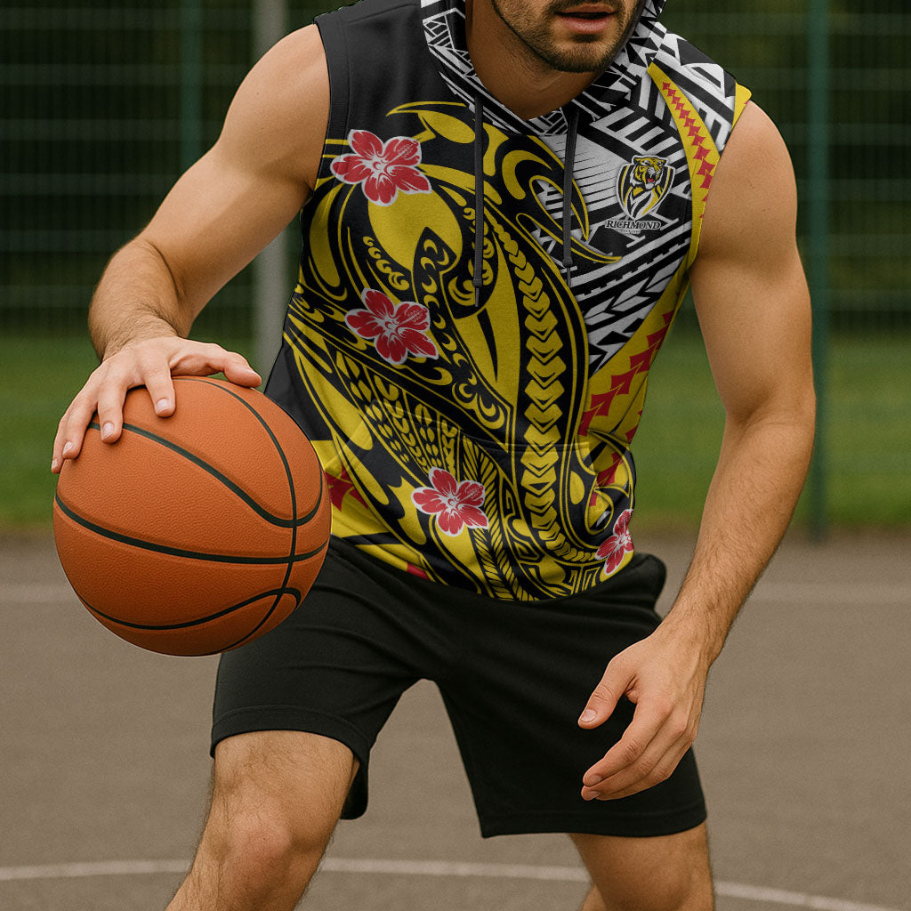 Personalized Richmond Tigers Sleeveless Hoodie Polynesian Tribal Tiger Mascot With Hibiscus Floral Art