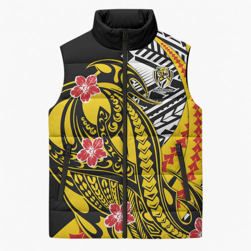 Personalized Richmond Tigers Sleeveless Puffer Jacket Polynesian Tribal Tiger Mascot With Hibiscus Floral Art