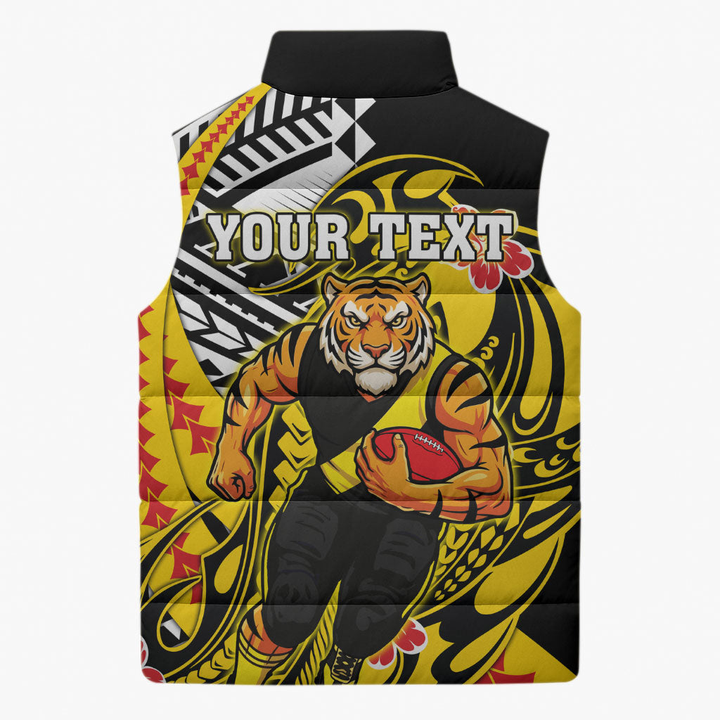 Personalized Richmond Tigers Sleeveless Puffer Jacket Polynesian Tribal Tiger Mascot With Hibiscus Floral Art