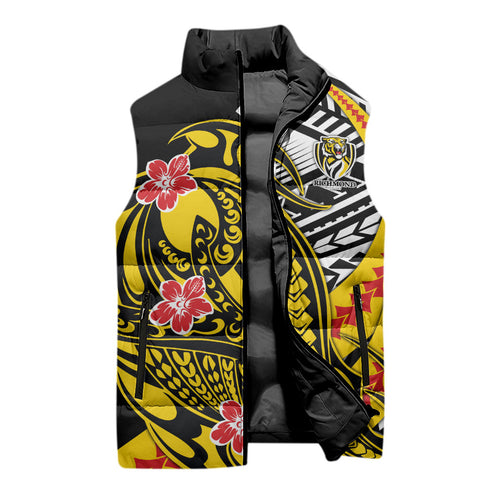 Personalized Richmond Tigers Sleeveless Puffer Jacket Polynesian Tribal Tiger Mascot With Hibiscus Floral Art