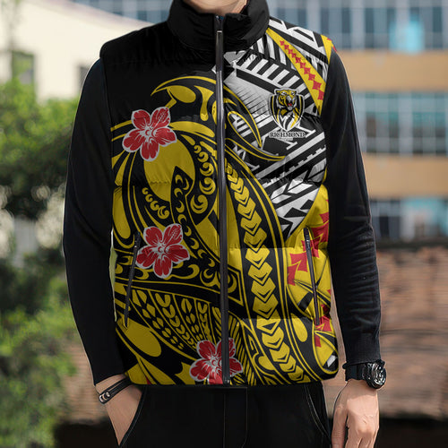 Personalized Richmond Tigers Sleeveless Puffer Jacket Polynesian Tribal Tiger Mascot With Hibiscus Floral Art