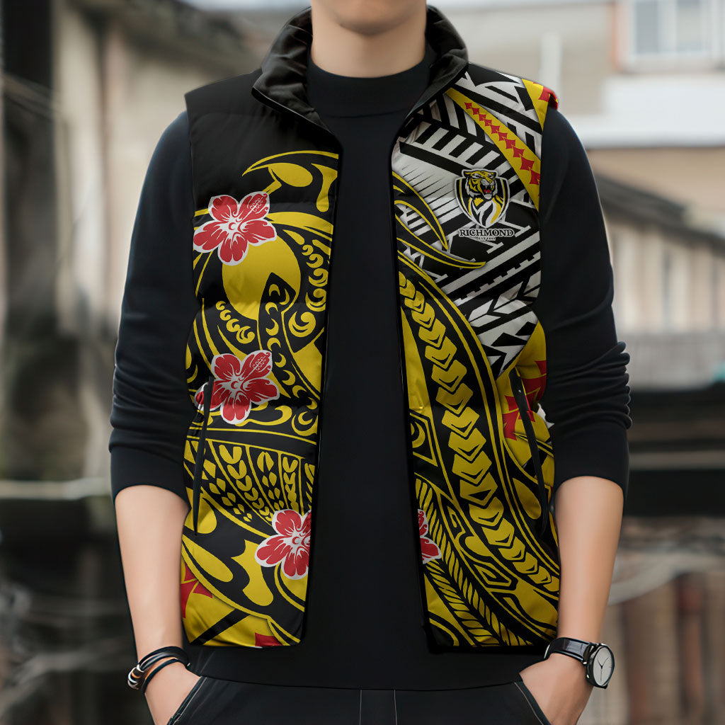 Personalized Richmond Tigers Sleeveless Puffer Jacket Polynesian Tribal Tiger Mascot With Hibiscus Floral Art