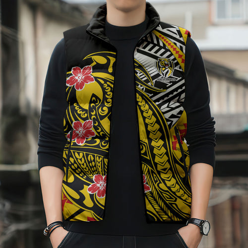 Personalized Richmond Tigers Sleeveless Puffer Jacket Polynesian Tribal Tiger Mascot With Hibiscus Floral Art