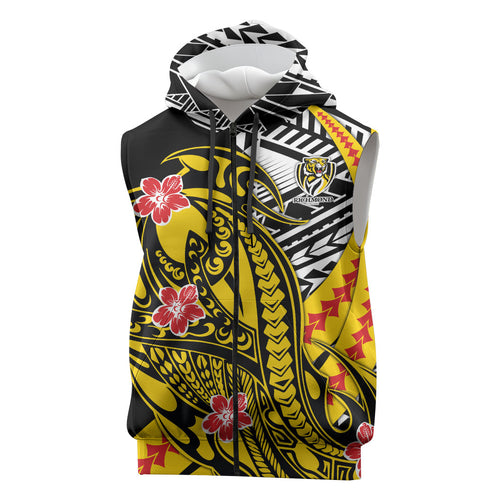 Personalized Richmond Tigers Sleeveless Zip Hoodie Polynesian Tribal Tiger Mascot With Hibiscus Floral Art