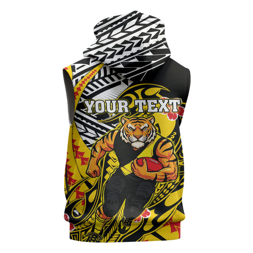 Personalized Richmond Tigers Sleeveless Zip Hoodie Polynesian Tribal Tiger Mascot With Hibiscus Floral Art