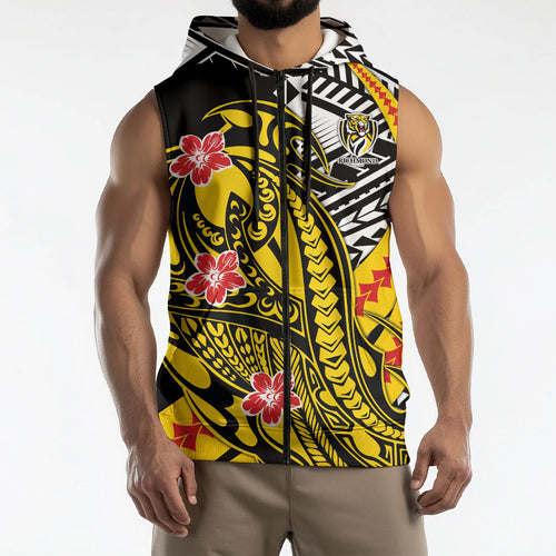 Personalized Richmond Tigers Sleeveless Zip Hoodie Polynesian Tribal Tiger Mascot With Hibiscus Floral Art