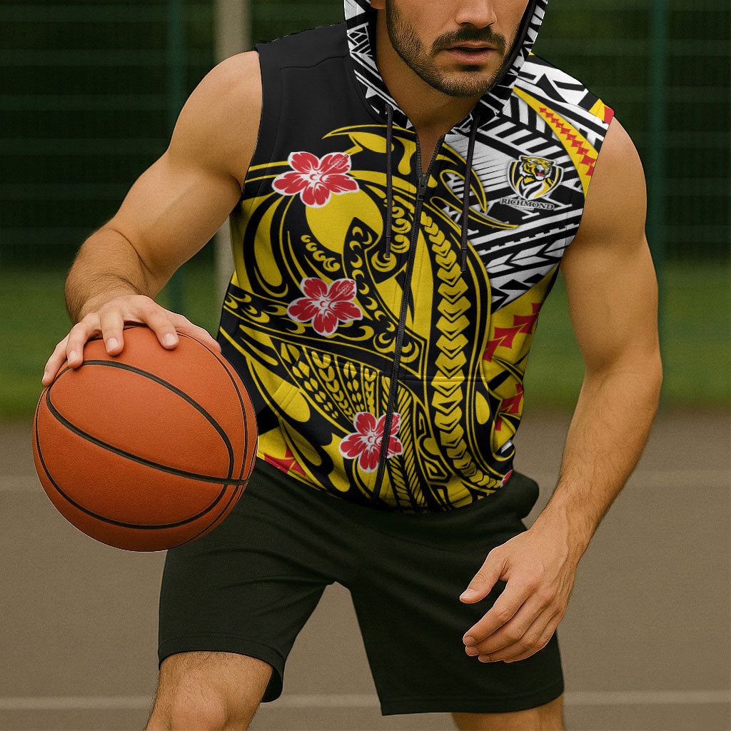 Personalized Richmond Tigers Sleeveless Zip Hoodie Polynesian Tribal Tiger Mascot With Hibiscus Floral Art