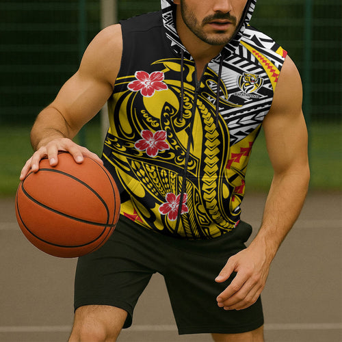Personalized Richmond Tigers Sleeveless Zip Hoodie Polynesian Tribal Tiger Mascot With Hibiscus Floral Art