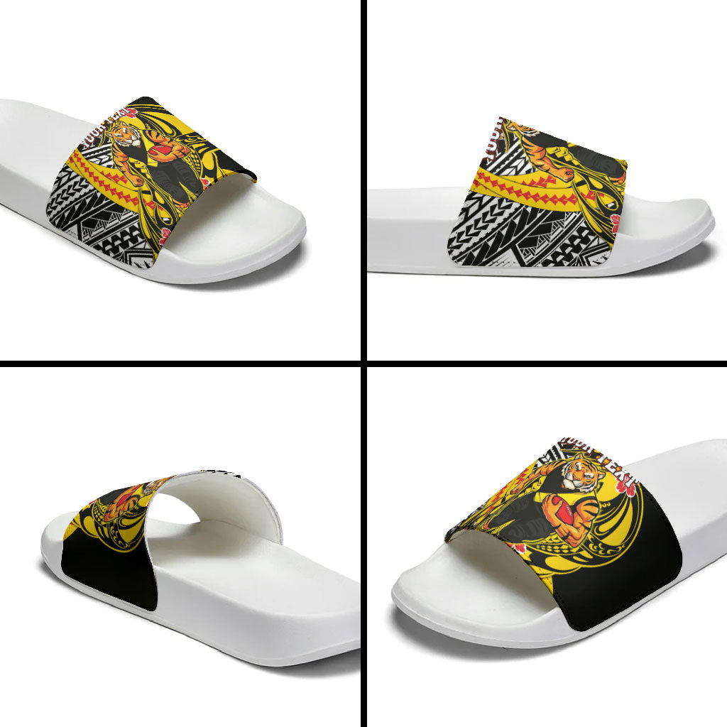 Personalized Richmond Tigers Slide Sandals Polynesian Tribal Tiger Mascot With Hibiscus Floral Art
