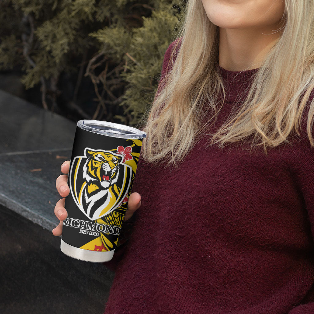 Personalized Richmond Tigers Tumbler Cup Polynesian Tribal Tiger Mascot With Hibiscus Floral Art