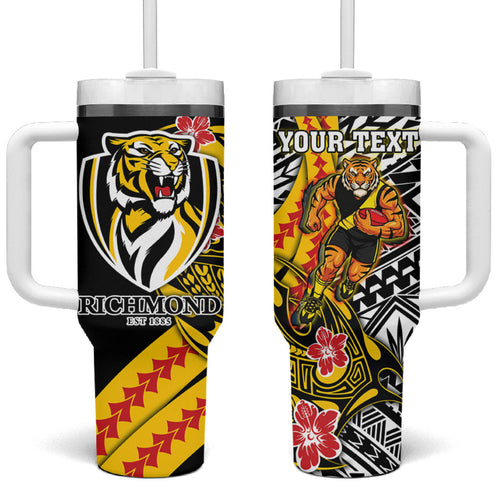 Personalized Richmond Tigers Tumbler With Handle Polynesian Tribal Tiger Mascot With Hibiscus Floral Art