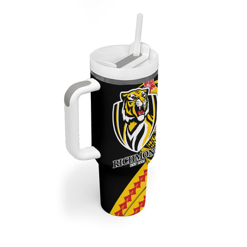 Personalized Richmond Tigers Tumbler With Handle Polynesian Tribal Tiger Mascot With Hibiscus Floral Art