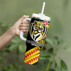 Personalized Richmond Tigers Tumbler With Handle Polynesian Tribal Tiger Mascot With Hibiscus Floral Art