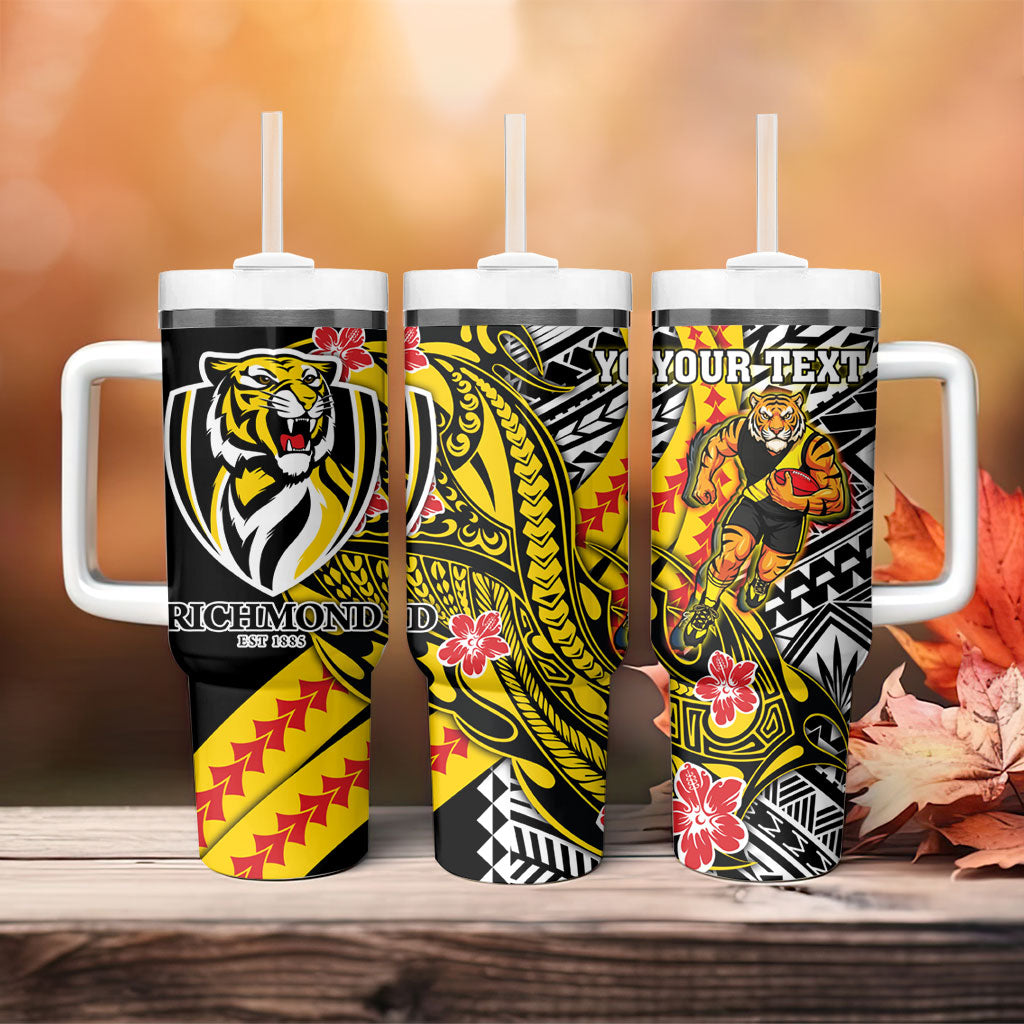 Personalized Richmond Tigers Tumbler With Handle Polynesian Tribal Tiger Mascot With Hibiscus Floral Art
