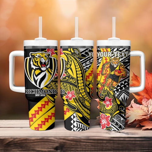 Personalized Richmond Tigers Tumbler With Handle Polynesian Tribal Tiger Mascot With Hibiscus Floral Art