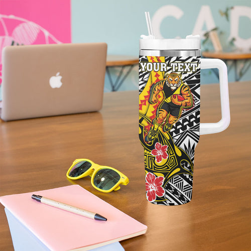 Personalized Richmond Tigers Tumbler With Handle Polynesian Tribal Tiger Mascot With Hibiscus Floral Art