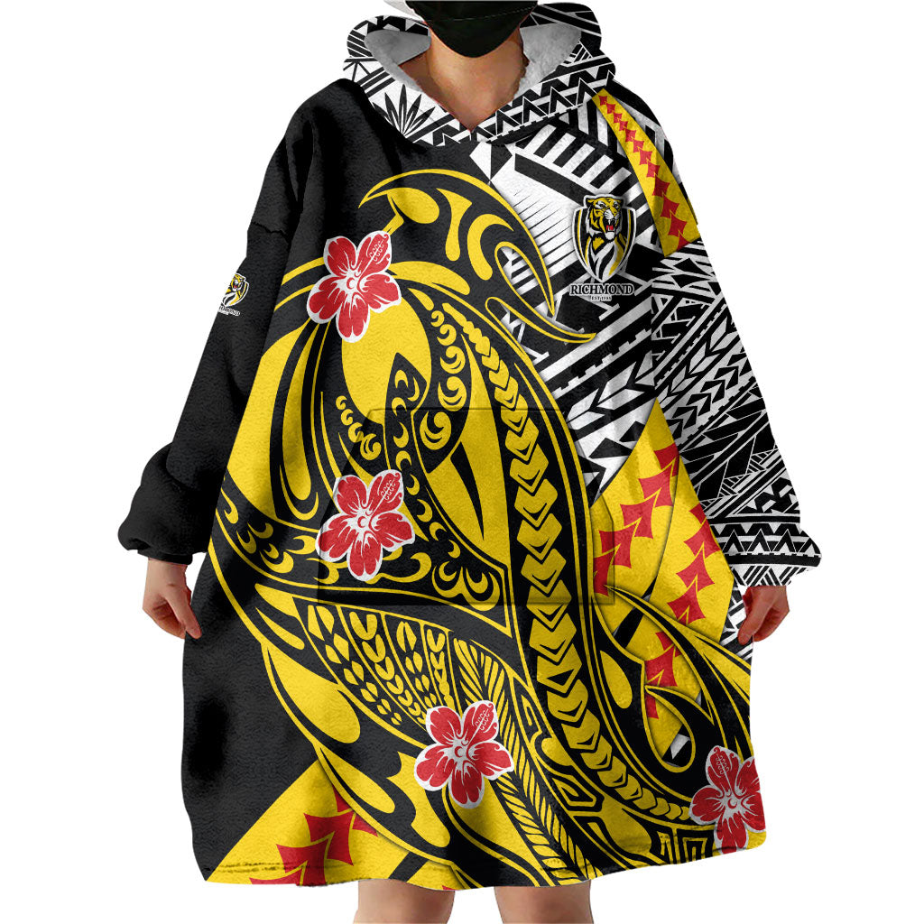 Personalized Richmond Tigers Wearable Blanket Hoodie Polynesian Tribal Tiger Mascot With Hibiscus Floral Art