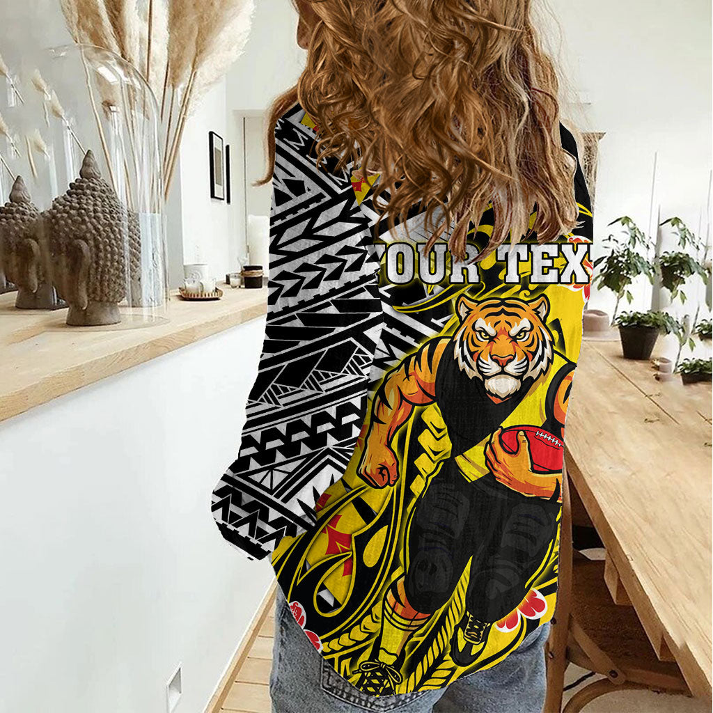 Personalized Richmond Tigers Women Casual Shirt Polynesian Tribal Tiger Mascot With Hibiscus Floral Art