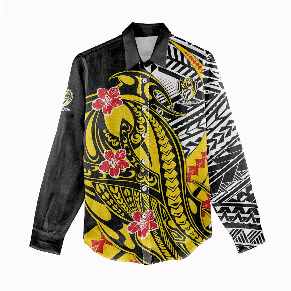 Personalized Richmond Tigers Women Casual Shirt Polynesian Tribal Tiger Mascot With Hibiscus Floral Art