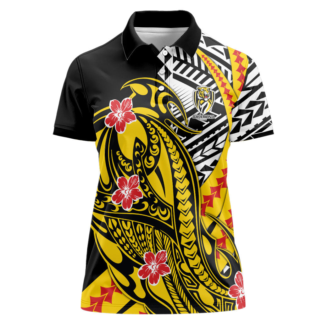 Personalized Richmond Tigers Women Polo Shirt Polynesian Tribal Tiger Mascot With Hibiscus Floral Art