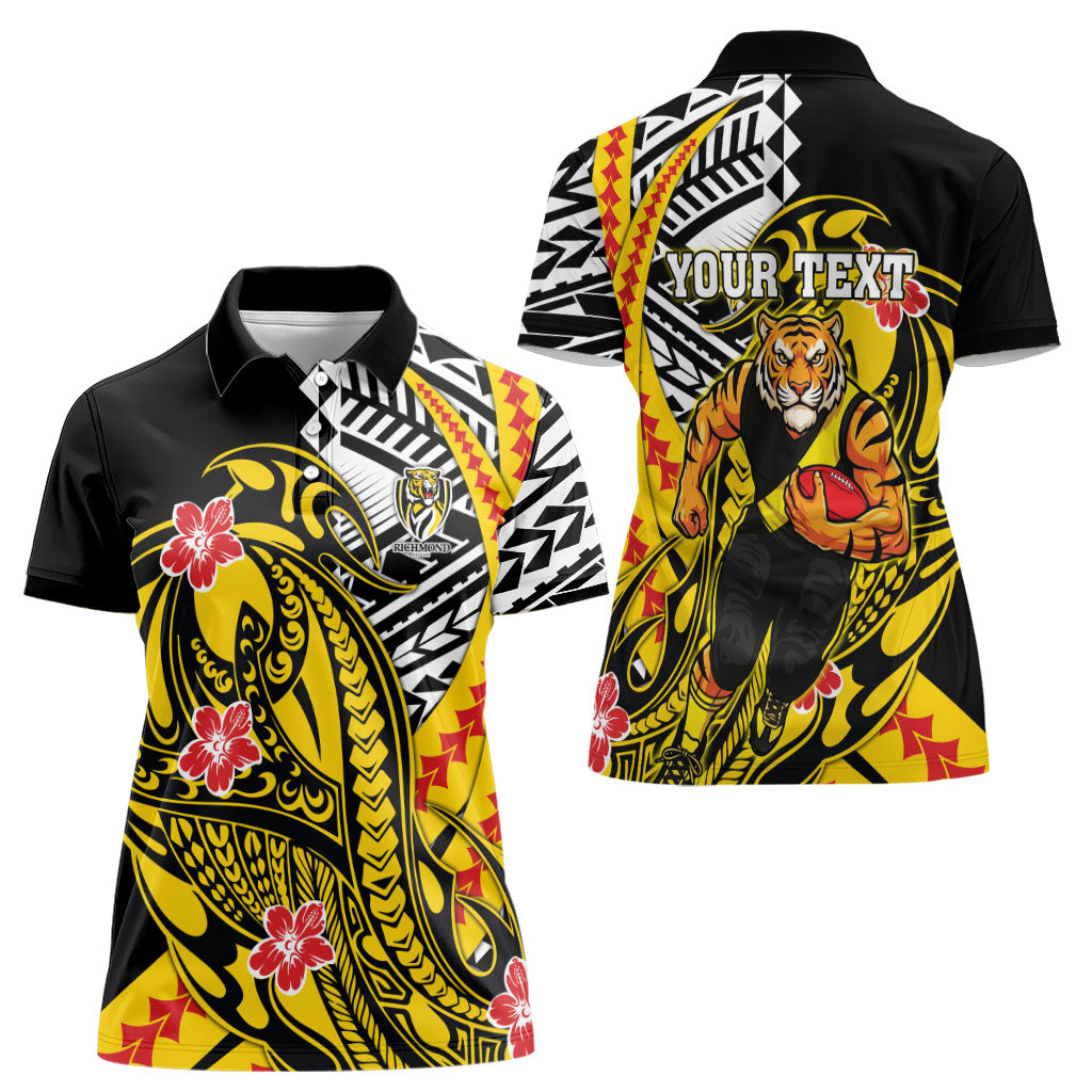 Personalized Richmond Tigers Women Polo Shirt Polynesian Tribal Tiger Mascot With Hibiscus Floral Art