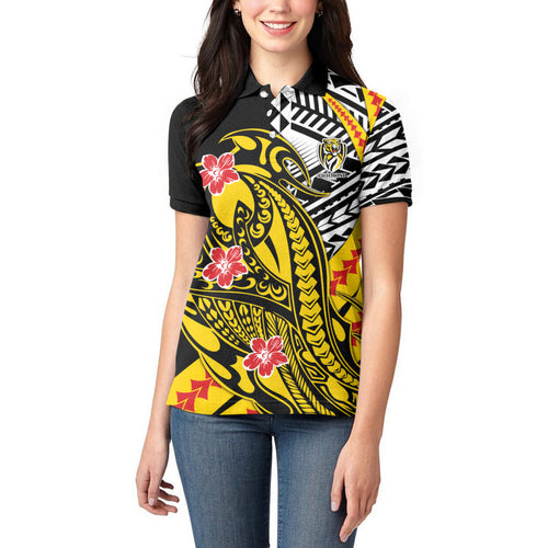 Personalized Richmond Tigers Women Polo Shirt Polynesian Tribal Tiger Mascot With Hibiscus Floral Art