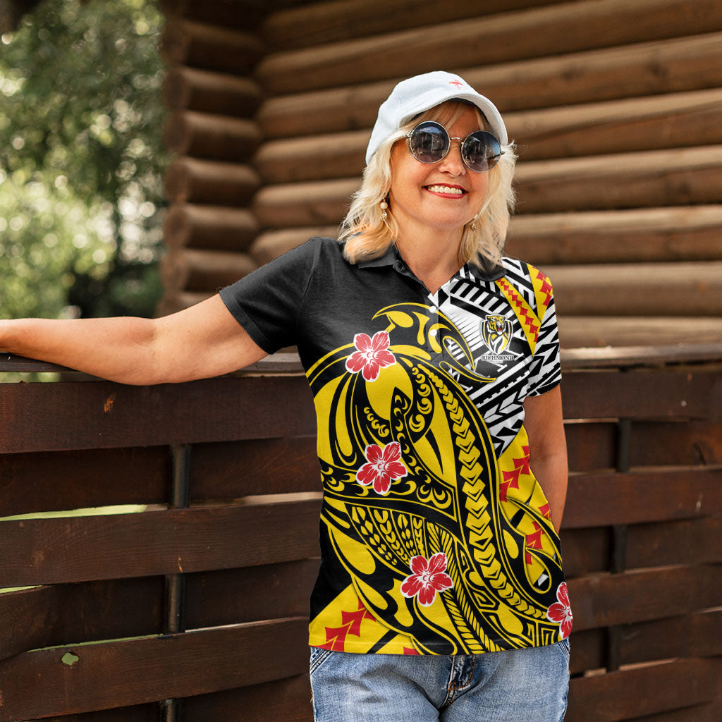 Personalized Richmond Tigers Women Polo Shirt Polynesian Tribal Tiger Mascot With Hibiscus Floral Art