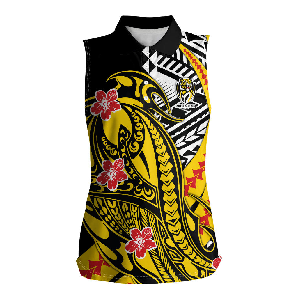 Personalized Richmond Tigers Women Sleeveless Polo Shirt Polynesian Tribal Tiger Mascot With Hibiscus Floral Art