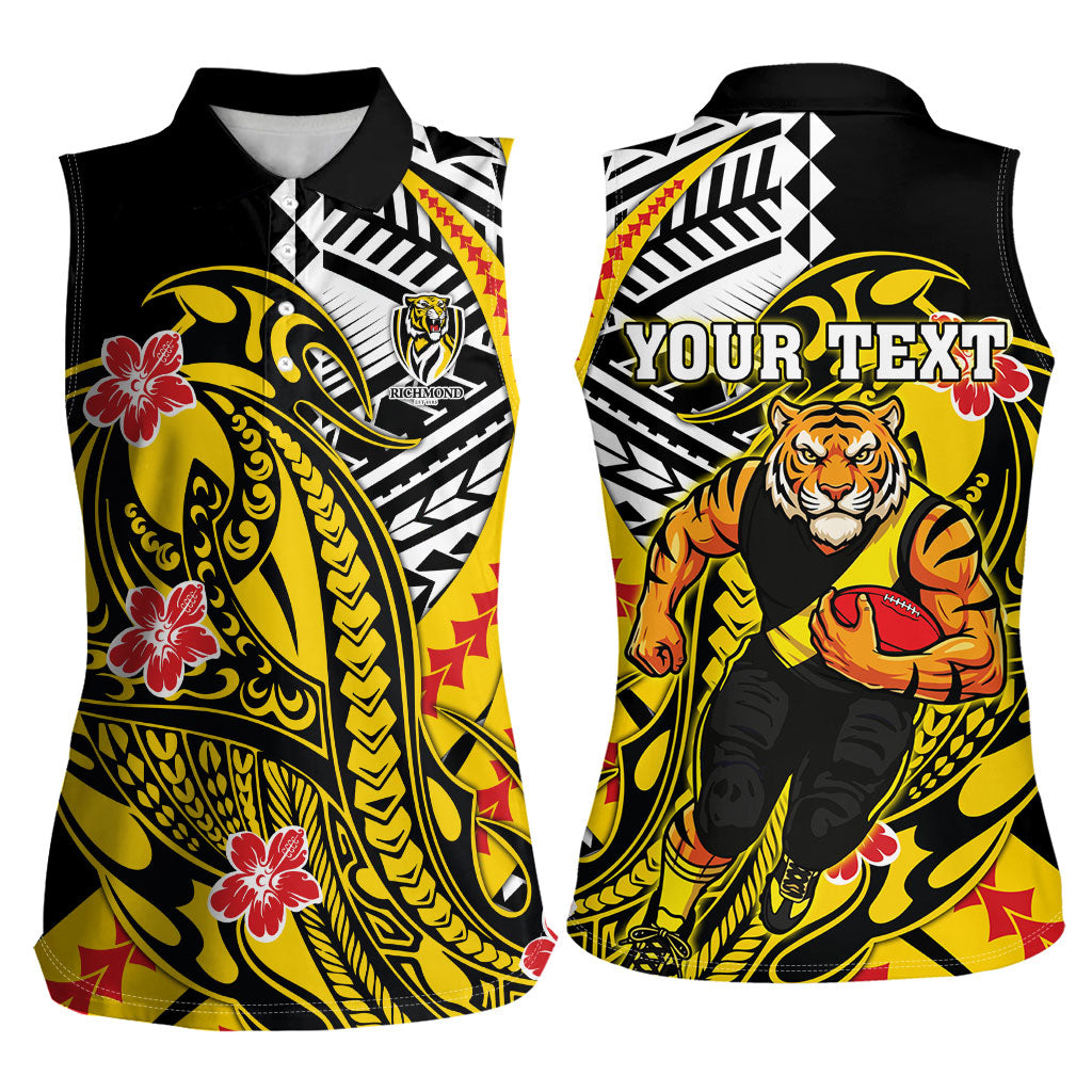 Personalized Richmond Tigers Women Sleeveless Polo Shirt Polynesian Tribal Tiger Mascot With Hibiscus Floral Art