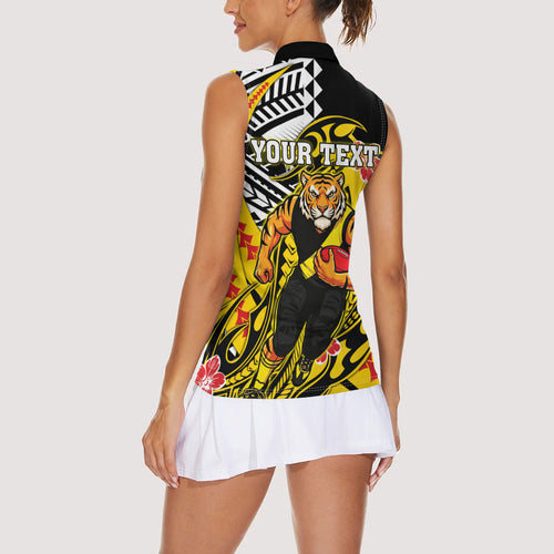 Personalized Richmond Tigers Women Sleeveless Polo Shirt Polynesian Tribal Tiger Mascot With Hibiscus Floral Art