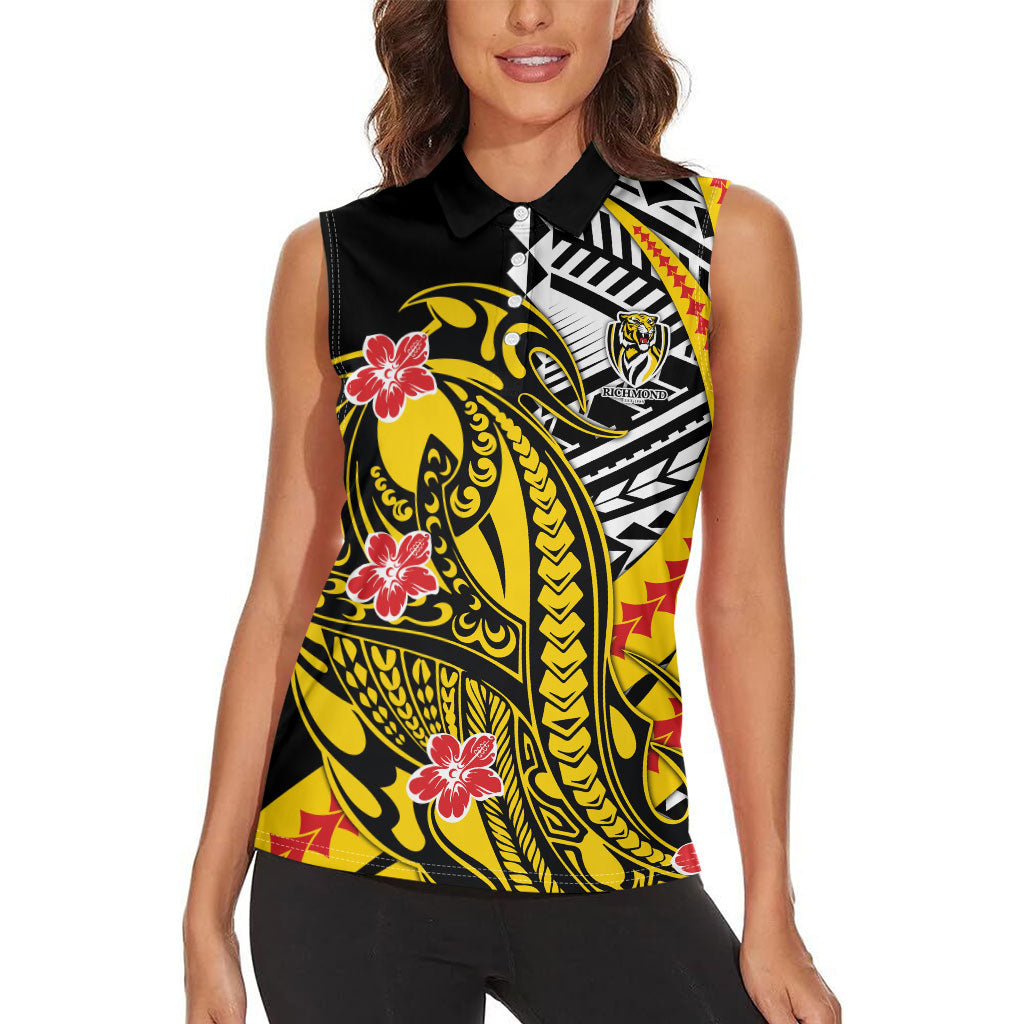 Personalized Richmond Tigers Women Sleeveless Polo Shirt Polynesian Tribal Tiger Mascot With Hibiscus Floral Art