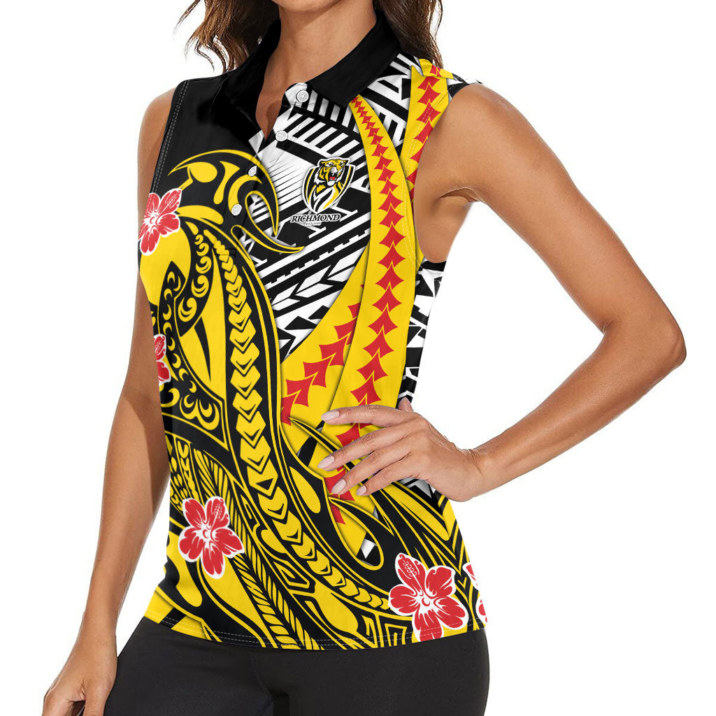 Personalized Richmond Tigers Women Sleeveless Polo Shirt Polynesian Tribal Tiger Mascot With Hibiscus Floral Art