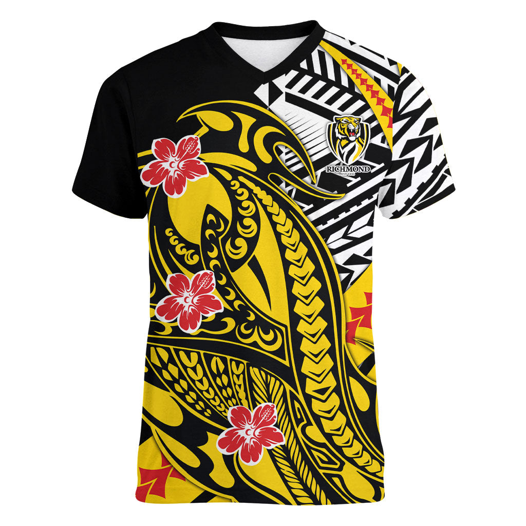 Personalized Richmond Tigers Women V-Neck T-Shirt Polynesian Tribal Tiger Mascot With Hibiscus Floral Art