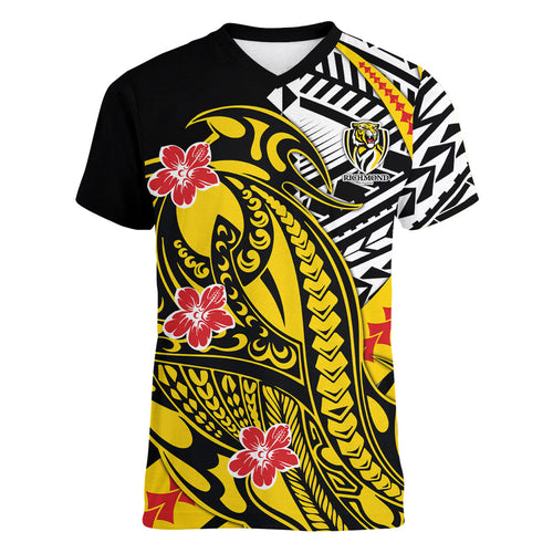 Personalized Richmond Tigers Women V-Neck T-Shirt Polynesian Tribal Tiger Mascot With Hibiscus Floral Art