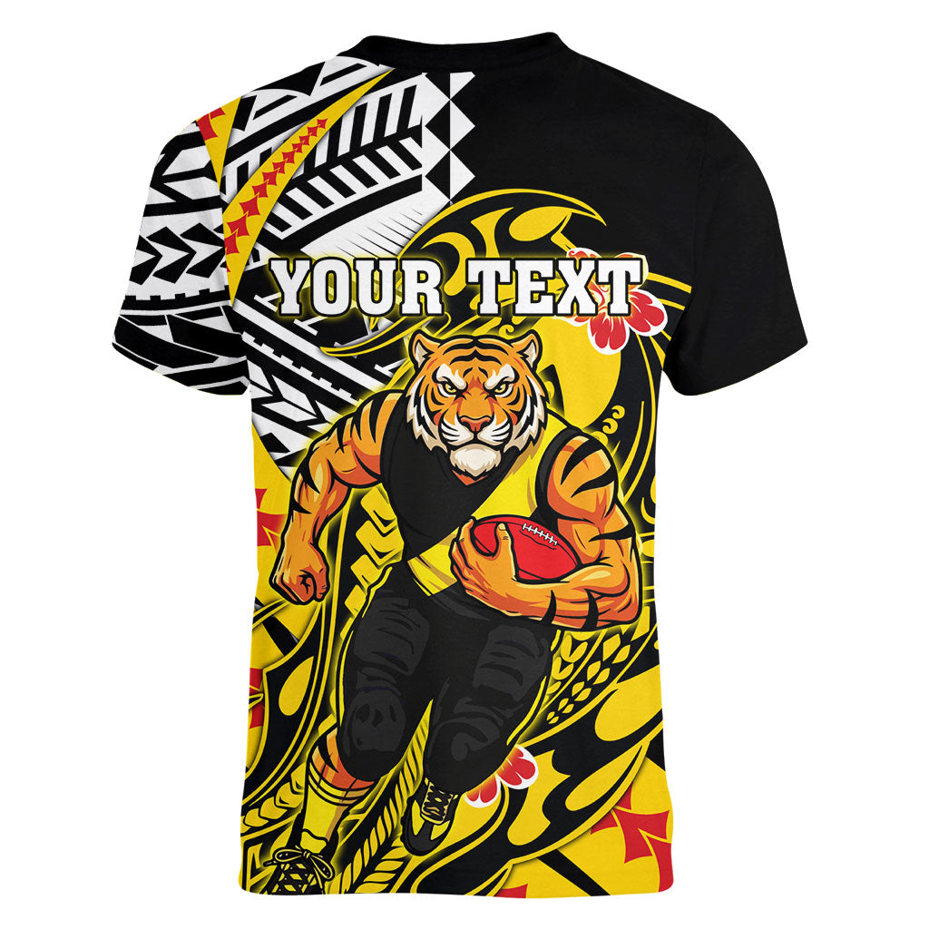 Personalized Richmond Tigers Women V-Neck T-Shirt Polynesian Tribal Tiger Mascot With Hibiscus Floral Art