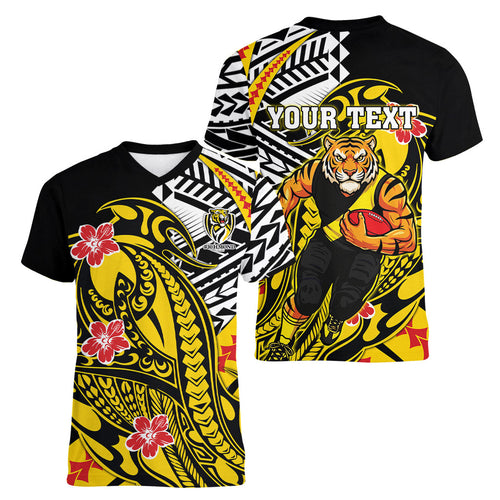 Personalized Richmond Tigers Women V-Neck T-Shirt Polynesian Tribal Tiger Mascot With Hibiscus Floral Art