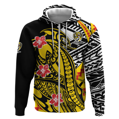 Personalized Richmond Tigers Zip Hoodie Polynesian Tribal Tiger Mascot With Hibiscus Floral Art