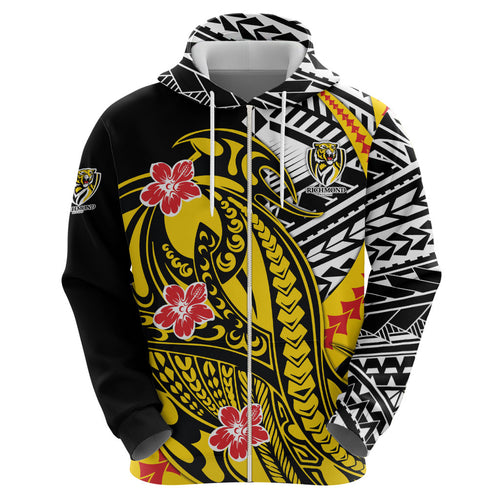 Personalized Richmond Tigers Zip Hoodie Polynesian Tribal Tiger Mascot With Hibiscus Floral Art