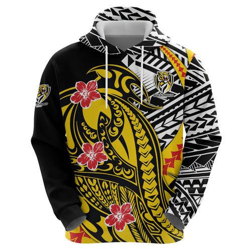 Personalized Richmond Tigers Zip Hoodie Polynesian Tribal Tiger Mascot With Hibiscus Floral Art