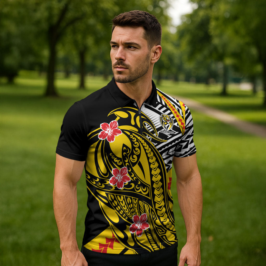 Personalized Richmond Tigers Zipper Polo Shirt Polynesian Tribal Tiger Mascot With Hibiscus Floral Art